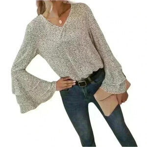 SHEIN Allover print layer long sleeve ivory and black blouse bell sleeves small